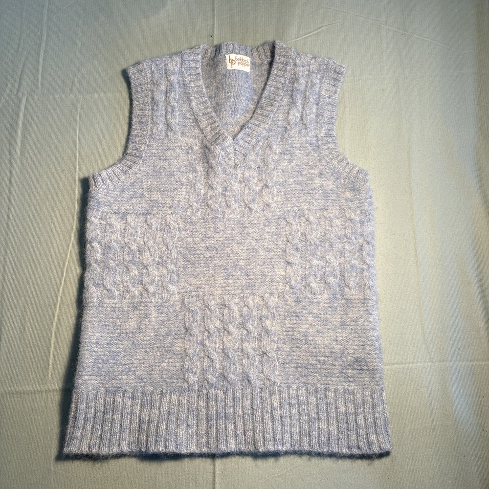 Vintage Beldoch Popper Blue Cable Knit V-Neck Sweater Vest Retro Sleeveless 0459